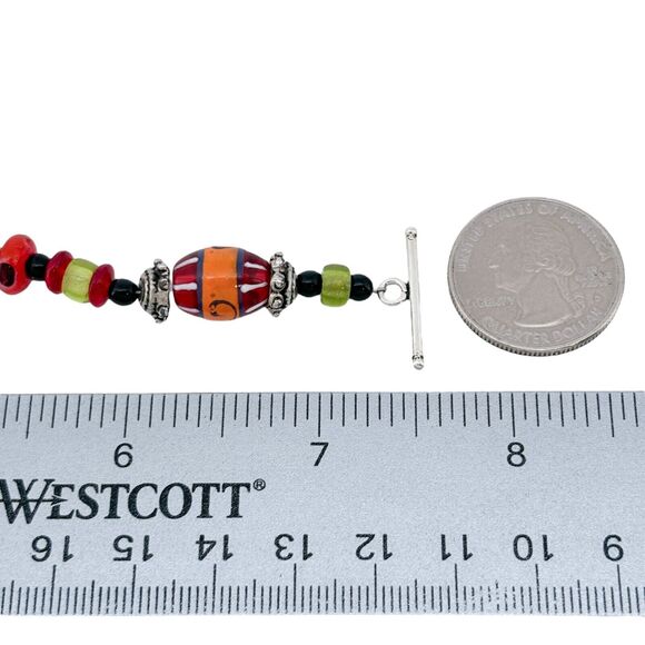 Vibrant Silver Tone Orange Red Yellow Black Glass Bead Bracelet 7.5" - Picture 6 of 6